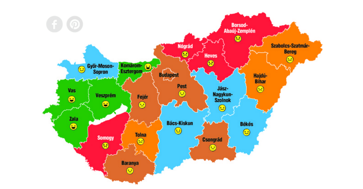 A térképen a zöld helyeken élnek a legboldogabb magyarok - Grafika: Séra Tamás