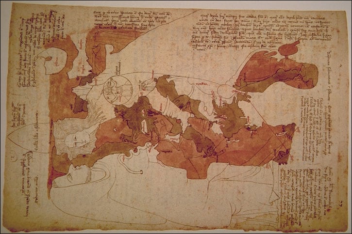 Az Opicinus Canistris által készített térkép Afrikát ábrázolja, ahogyan Európa és a Mediterráneum fülébe suttog